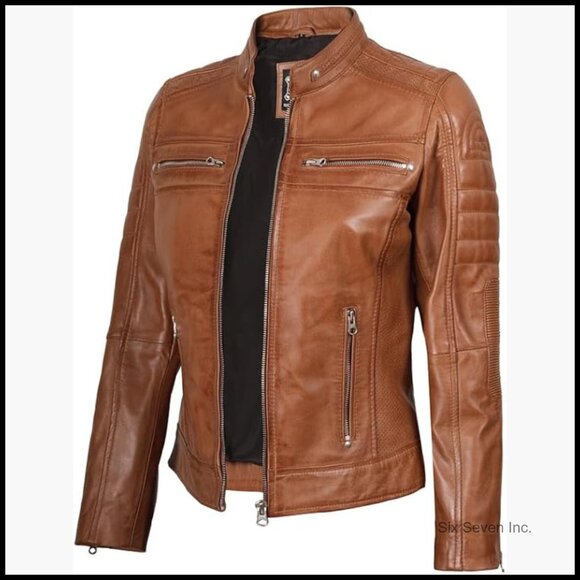 Real Lambskin Leather Cafe Racer Jacket Women's